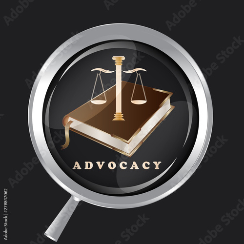 Scales of justice, a book with metal corners, a magnifying glass - black background - vector. Advocacy