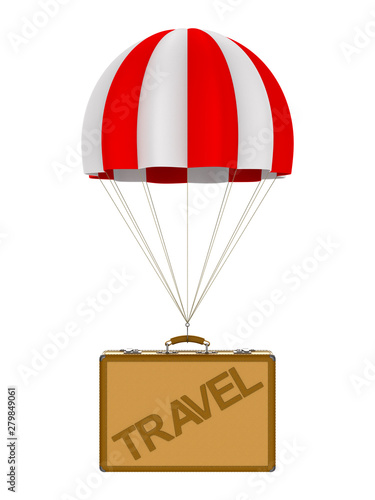 travel bag and parachute on white background. Isolated 3D illustration