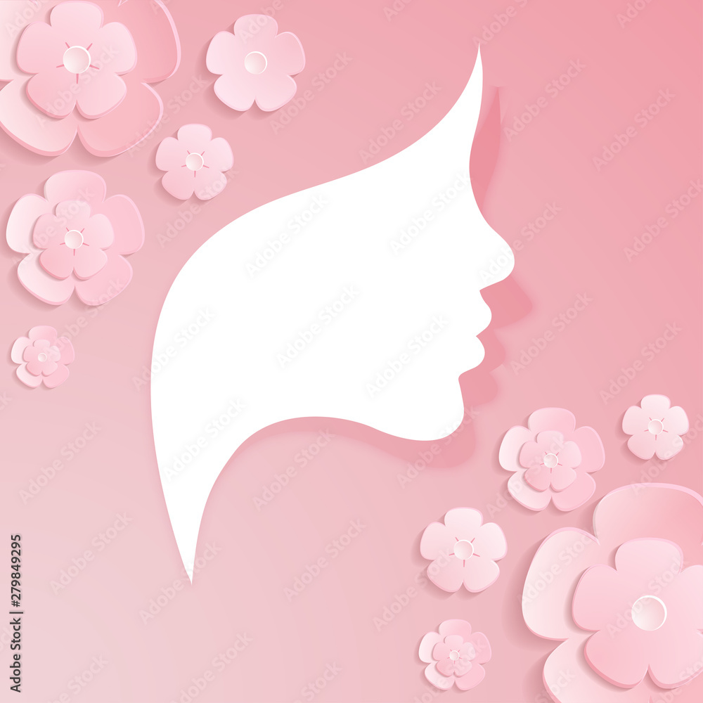 Silhouette of a girl in profile on a pink background with flowers