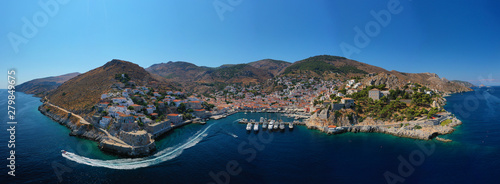 Tableau sur toile Aerial drone panoramic photo of picturesque port and main village of Hydra or Yd