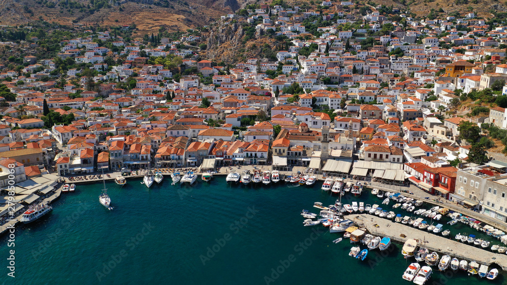 Aerial drone photo of picturesque port and main village of Hydra or Ydra island with beautiful neoclassic houses, Saronic gulf, Greece