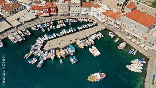 Aerial drone photo of picturesque port and main village of Hydra or Ydra island with beautiful neoclassic houses, Saronic gulf, Greece photo