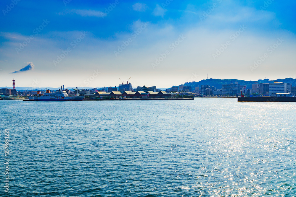 Landscape of Kagoshima bay and Kagoshima ferry in Kagoshima Japan 