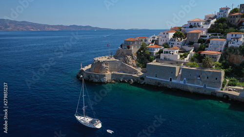 Aerial drone photo of picturesque port and main village of Hydra or Ydra island with beautiful neoclassic houses, Saronic gulf, Greece photo