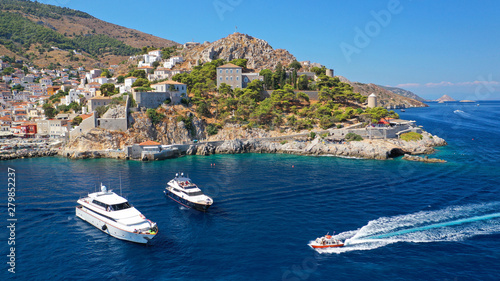 Aerial drone photo of picturesque port and main village of Hydra or Ydra island with beautiful neoclassic houses, Saronic gulf, Greece photo