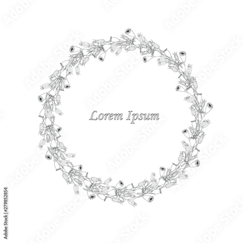 Round border of papaver aquilegia fruits, Lorem Ipsum monochrome graphic hand drawn design element stock vector illustration for web, for print, for coloring page