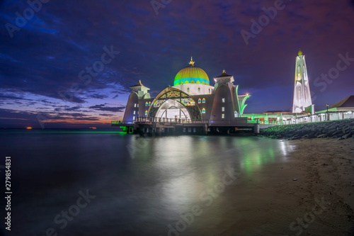 Sunset moments at Malacca Straits Mosque ( Masjid Selat Melaka), It is a mosque located on the man-made Malacca Island near Malacca Town, Malaysia