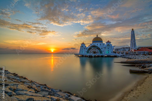 Beautiful sunset of Malacca Straits Mosque, Malaysia. Nature composition. © shahrilkhmd
