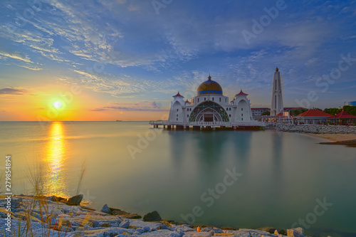 Beautiful sunset of Malacca Straits Mosque  Malaysia. Nature composition.