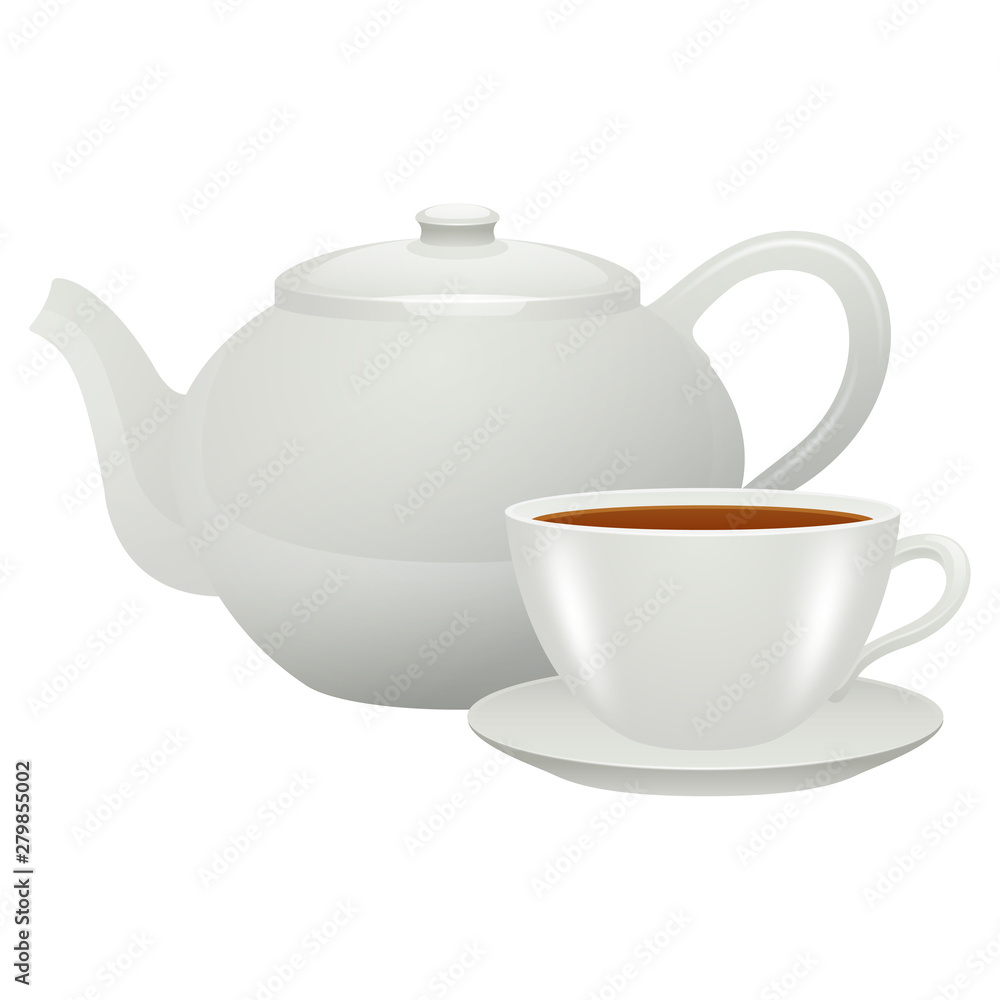 White teapot and white cup of tea / coffee. Vector illustration