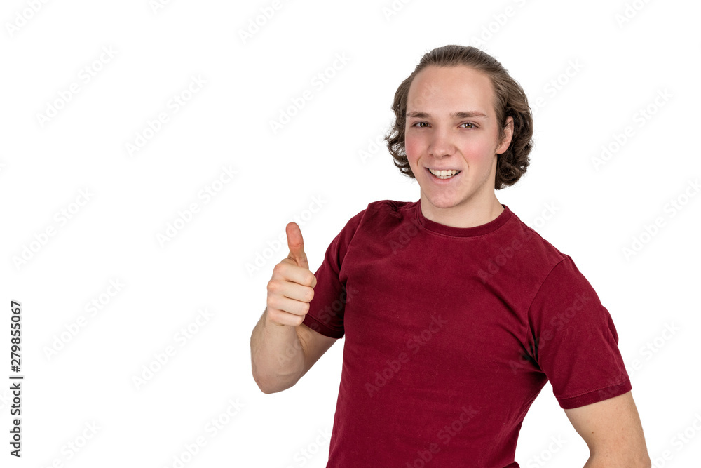 Portrait of handsome man in t-shirt smiling and showing thumbs up at camera isolated Portrait of handsome man in t-shirt smiling and showing thumbs up at camera isolated
