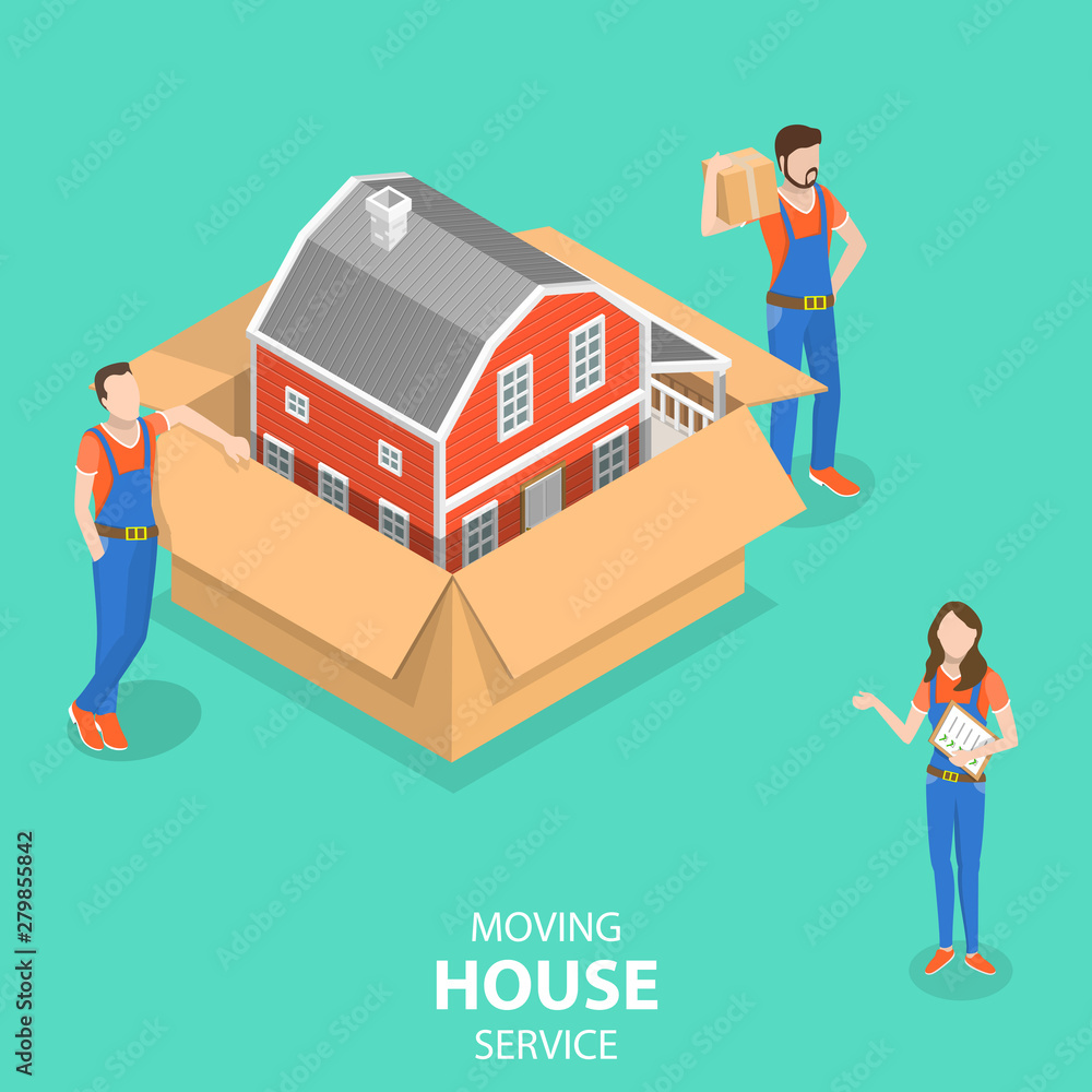 Isometric flat vector concept of house moving and relocation service. Isometric flat vector concept of house moving and relocation service.