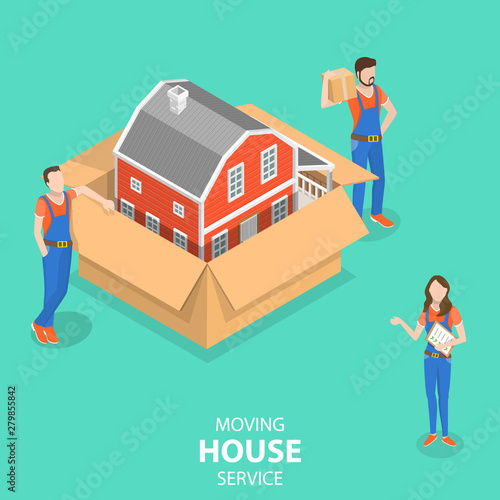 Isometric flat vector concept of house moving and relocation service.