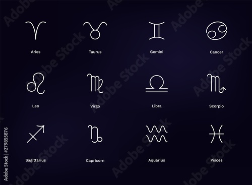 Zodiac constellation signs set. Horoscope astrology line stylized symbols. Vector collection of all 12 zodiacal constellations on dark night sky background