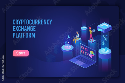 Cryptocurrency exchange platform dark ultraviolet light landing page vector template. Bitcoin financial transactions, e billing service website. Crypto mining, blockchain 3d concept. 