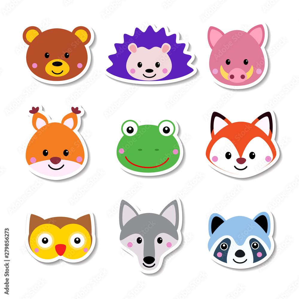 Cute set of cartoon animals stickers. Vector illustration forest animals