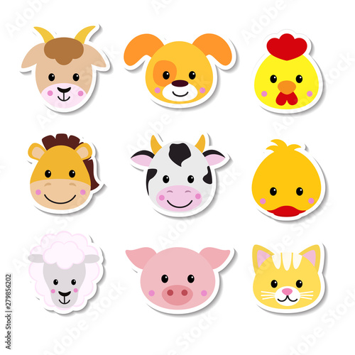 Cute set of cartoon animals stickers. Vector illustration farm animals