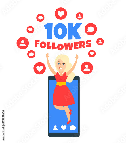 happy jumping woman, smartphone social media 10k followers concept