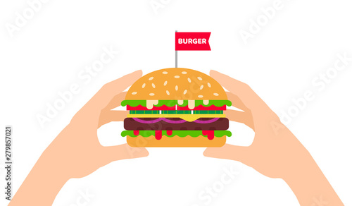 human hands holding tasty burger isolated on white background