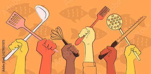 Raising hands holding cooking tools, EPS 8 vintage style vector banner