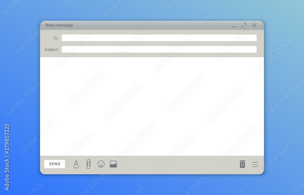 Email window template. Mail message interface blank website panel screen with send form. Vector user interface web panel form mail page Email window template. Mail message interface blank website panel screen with send form. Vector user interface web panel form mail page