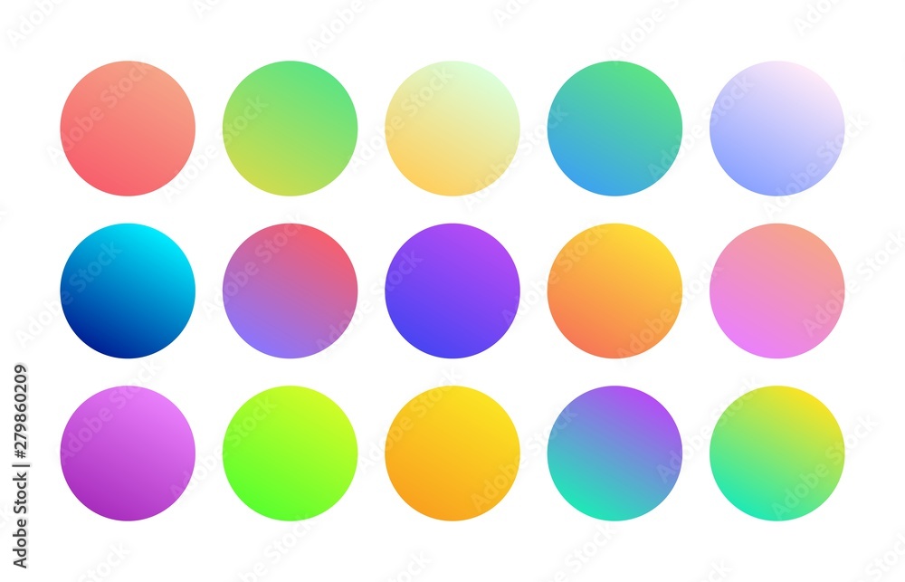 Gradient holographic round sphere button. Trendy minimalist multicolor neon purple blue fluid yellow orange circle gradients. Set of vivid color spheres in modern 80s style