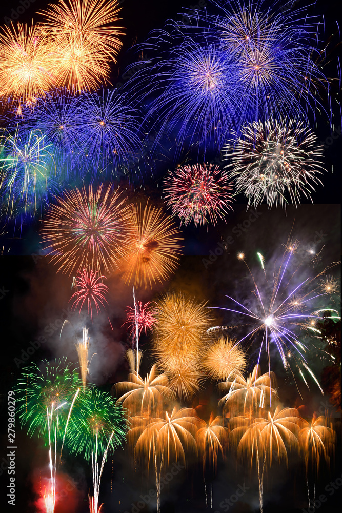 Colorful fireworks. Fireworks are a class of explosive pyrotechnic devices used for aesthetic and entertainment purposes. Visible noise due to low light, soft focus, shallow DOF, slight motion blur