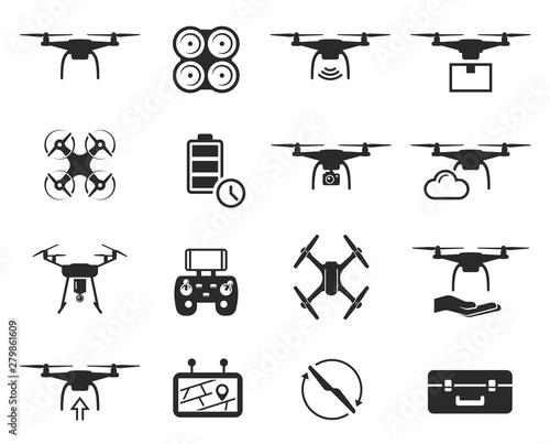 Drones black icon set, helicopter technology and aircraft