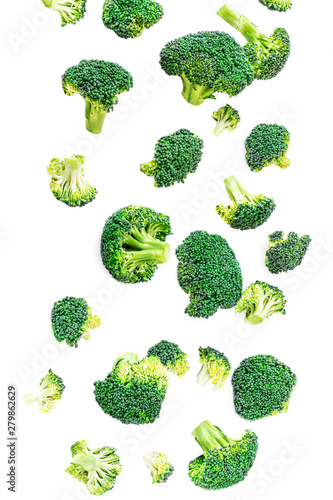 Flying Broccoli Isolated. Creative layout made of broccoli vegetable. Healthy Food Concept. Flat lay.