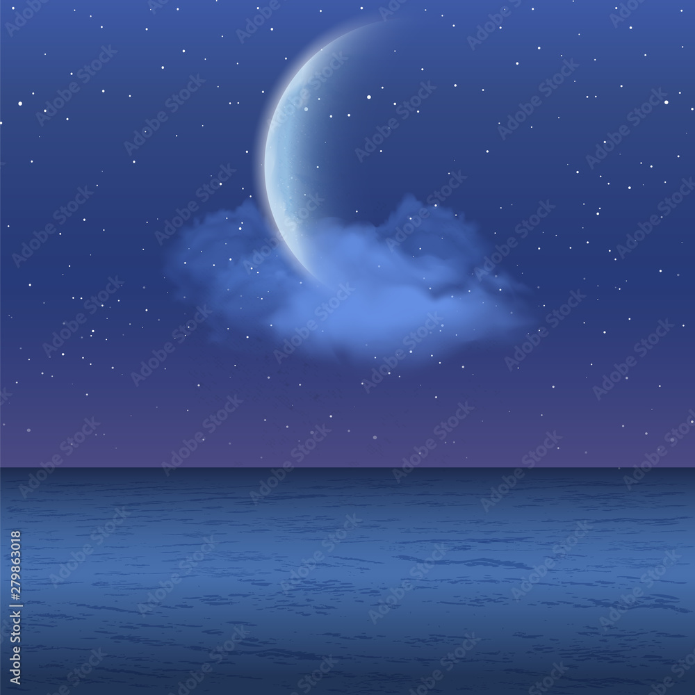 Realistic new moon, stars and the sea to the horizon Realistic new moon, stars and the sea to the horizon