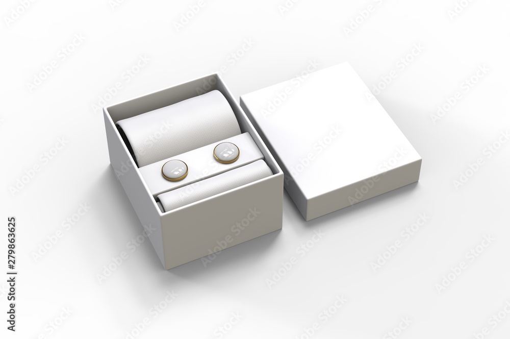 Gift set for men silk tie, pocket square and cuff links set for branding. 3d illustration. Gift set for men silk tie, pocket square and cuff links set for branding. 3d illustration.