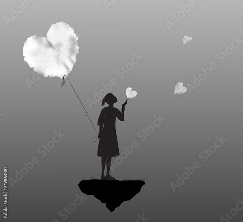 young girl holding the white cloud heart, Valentines day, romantic time in dreamland, black and white,