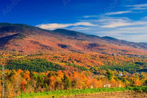 Rural Vermont town during peak foliage season.