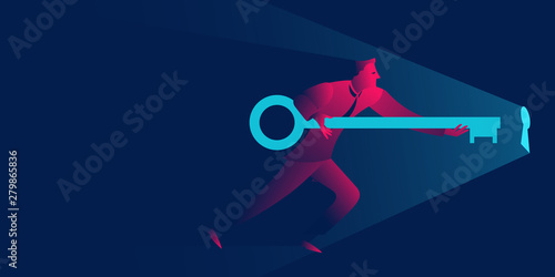 Businessman holding giant key to the keyhole. Solution, open new opportunities or problem solving business concept in red and blue neon gradients photo