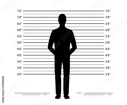 Police lineup. Mugshot background with silhouette of  anonymous man. Black silhouette on white background. Isolation. Vector illustration