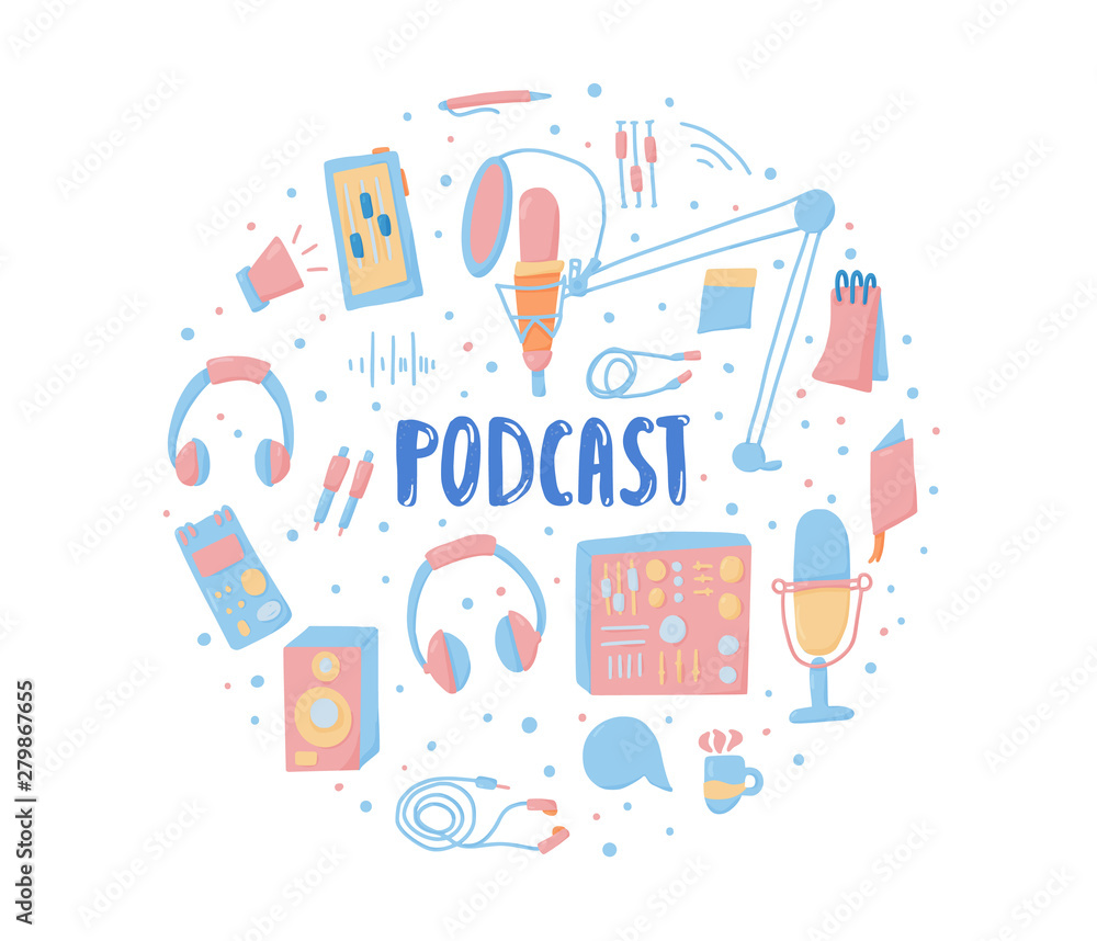 Podcast lettering with decoration. Vector design.