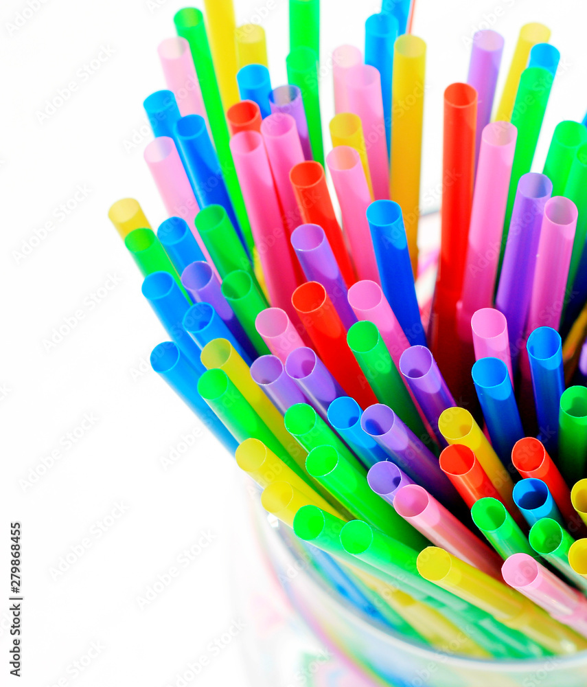 plastiс straw, cocktail tubes of red, blue, yellow, pink, purple, green color isolated on white background, festive mood, birthday, top view, copy space for text, close up plastiс straw, cocktail tubes of red, blue, yellow, pink, purple, green color isolated on white background, festive mood, birthday, top view, copy space for text, close up