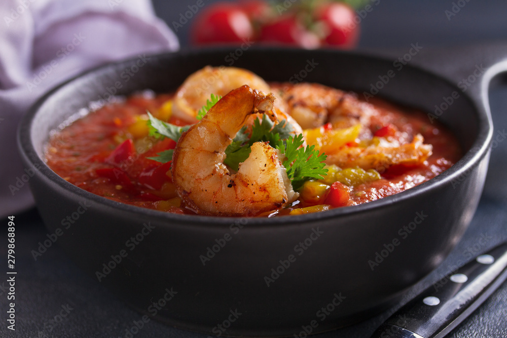 Shrimp Gazpacho with Roasted Red and Yellow Bell Peppers. Spanish soup