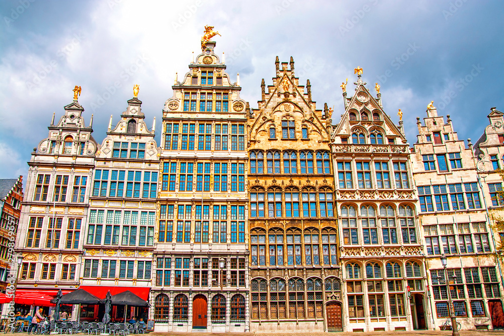 Facades of medieval guild houses on Grote Markt square in the old town of Antwerp, Belgium