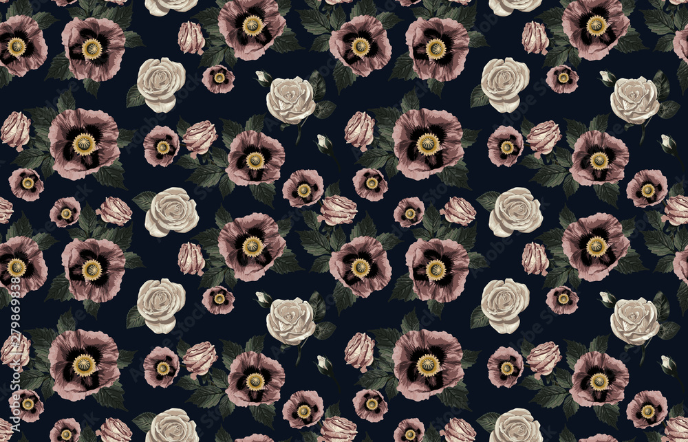 Elegant pattern of blush toned rustic flowers isolated in a solid background great for textile print, background, handmade card design, invitations, wallpaper, packaging, interior or fashion designs. Elegant pattern of blush toned rustic flowers isolated in a solid background great for textile print, background, handmade card design, invitations, wallpaper, packaging, interior or fashion designs.