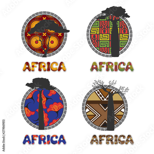 Stickers with African motifs in patterns, silhouettes of African trees - baobabs and acacia. Lettering with ethnic african patterns. Vector.