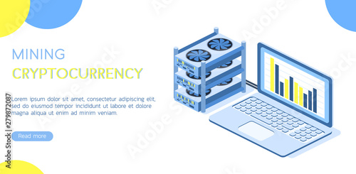 Isometric 3D vector illustration landing page laptop and video card for mining. Cryptocurrency mining