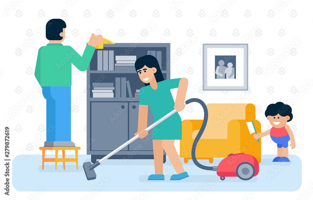 House cleaning flat vector illustration. Father, mother and kid cleaning home together cartoon characters. Housework, housekeeping. Vacuuming, dusting. Cleanup flooring, household dirt removal House cleaning flat vector illustration. Father, mother and kid cleaning home together cartoon characters. Housework, housekeeping. Vacuuming, dusting. Cleanup flooring, household dirt removal