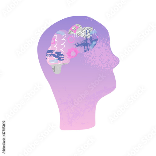 Mental concept. Vector head with collage decor. 