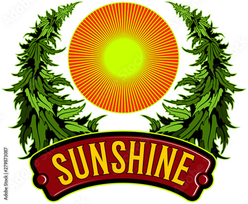 Reggae style logo, cannabis wreath, cannabis leaves with the sunshine, vector image.