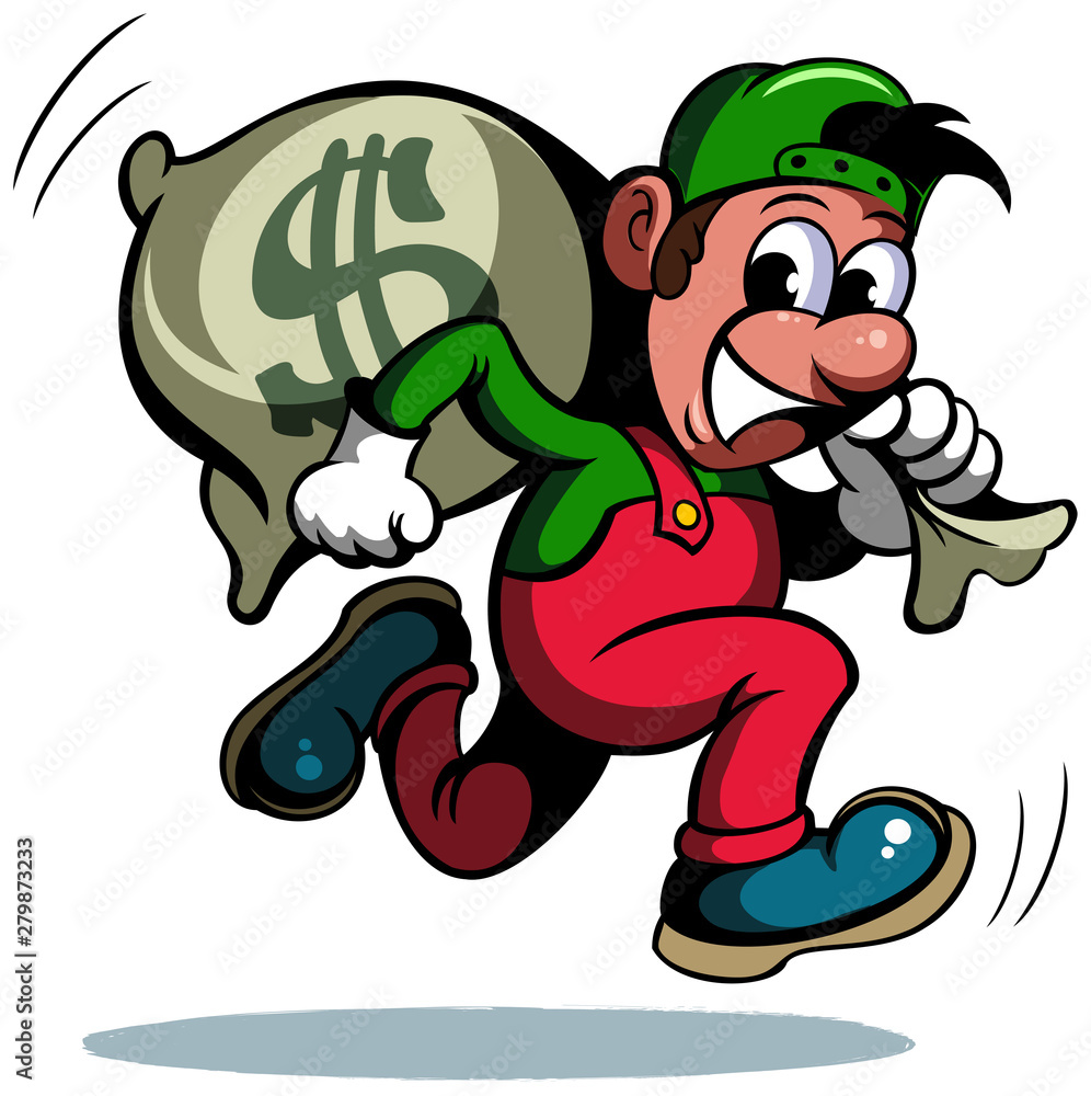 Cartoon style man, running with the bag of money, vector funny cartoon
