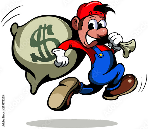 Cartoon style man, running with the bag of money, vector funny cartoon character.