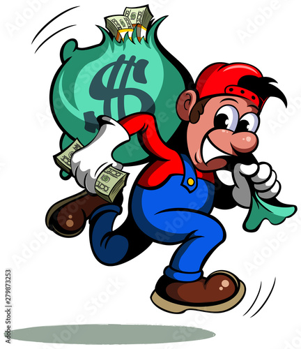 Cartoon style man, running with the bag of money, vector funny cartoon character.