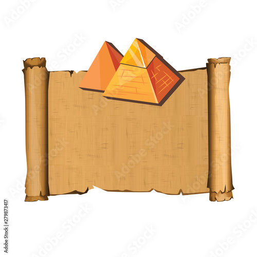 Ancient Egypt papyrus scroll with pyramid silhouette cartoon vector illustration