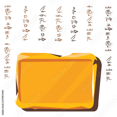 Stone board or clay tablet and Egyptian hieroglyphs cartoons vector illustration Ancient object for recording storing information, graphical user interface for game design isolated on white background